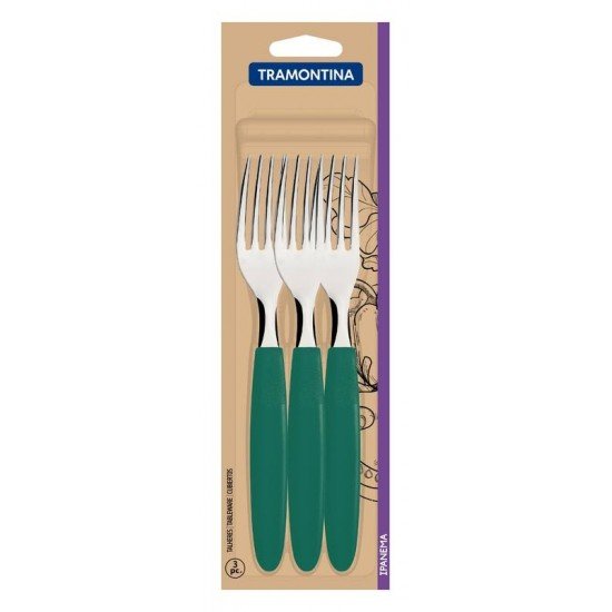 CONJUNTO DE GARFOS DE MESA TRAMONTINA IPANEMA COM LÂMINAS DE AÇO INOX E CABOS DE POLIPROPILENO VERDE ESMERALDA 3 PEÇAS