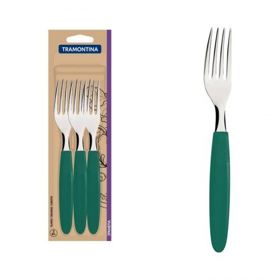 CONJUNTO DE GARFOS DE MESA TRAMONTINA IPANEMA COM LÂMINAS DE AÇO INOX E CABOS DE POLIPROPILENO VERDE ESMERALDA 3 PEÇAS