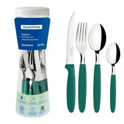 FAQUEIRO TRAMONTINA IPANEMA COM LÂMINAS EM AÇO INOX E CABOS DE POLIPROPILENO VERDE ESMERALDA COM POTE PLÁSTICO 24 PEÇAS