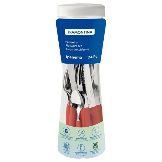 FAQUEIRO TRAMONTINA IPANEMA COM LÂMINAS EM AÇO INOX E CABOS DE POLIPROPILENO GOIABA COM POTE PLÁSTICO 24 PEÇAS