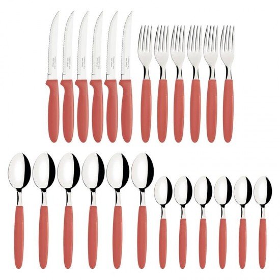 FAQUEIRO TRAMONTINA IPANEMA COM LÂMINAS EM AÇO INOX E CABOS DE POLIPROPILENO GOIABA COM POTE PLÁSTICO 24 PEÇAS