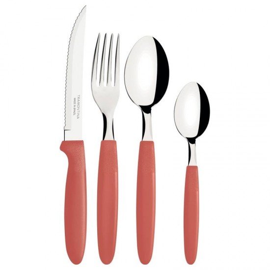 FAQUEIRO TRAMONTINA IPANEMA COM LÂMINAS EM AÇO INOX E CABOS DE POLIPROPILENO GOIABA COM POTE PLÁSTICO 24 PEÇAS