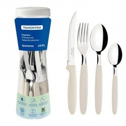 FAQUEIRO TRAMONTINA IPANEMA COM LÂMINAS EM AÇO INOX E CABOS DE POLIPROPILENO CINZA COM POTE PLÁSTICO 24 PEÇAS