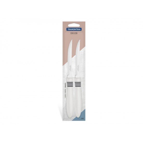 CONJUNTO FACAS CHUR FRUTA 2 PCS COR E COR OFF WHITELAMINAS ACO INOX E CABOS POLIPROPILENO TRAMONTINA