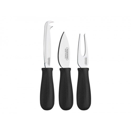 JOGO PARA QUEIJO 3 PEÇAS PLENUS PRETO-SORTIDOS COM LAMINA ACO INOX E CABOS POLIPROPILENO TRAMONTINA
