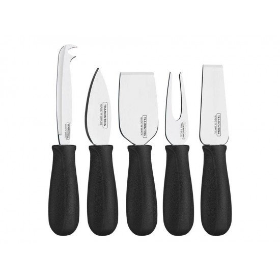 JOGO PARA QUEIJO 5 PEÇAS PLENUS PRETO-SORTIDOS COM LAMINAS ACO INOX E CABOS POLIPROPILENO TRAMONTINA