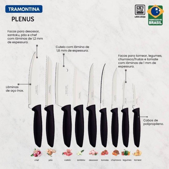 JOGO DE FACAS EM AÇO INOX E CABOS PRETO 9 PEÇAS TRAMONTINA