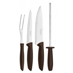 KIT PARA CHURRASCO PLENUS COM LAMINAS EM AÇO INOX E CABOS E POLIPROPILENO MARROM 4 PEÇAS TRAMONTINA