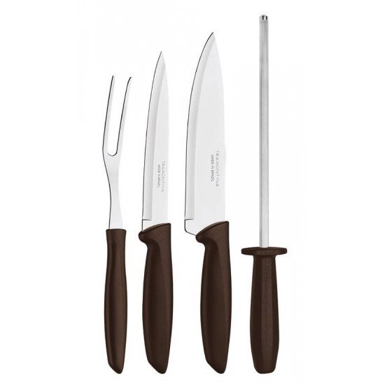 KIT PARA CHURRASCO PLENUS COM LAMINAS EM AÇO INOX E CABOS E POLIPROPILENO MARROM 4 PEÇAS TRAMONTINA