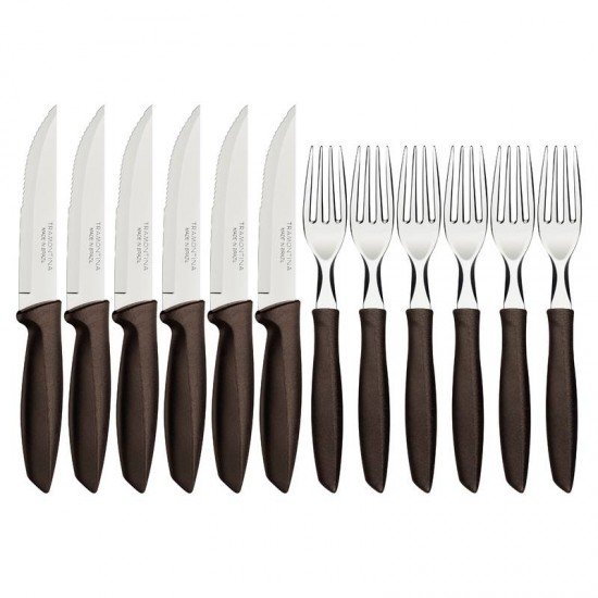 JOGO PARA CHURRASCO JUMBO TRAMONTINA PLENUS COM LÂMINAS EM AÇO INOX E CABOS DE POLIPROPILENO MARROM 12 PEÇAS