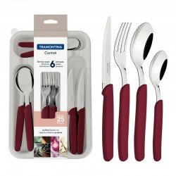 FAQUEIRO TRAMONTINA CARMEL COM LÂMINAS EM AÇO INOX E CABOS DE POLIPROPILENO CARMIM ESCURO 25 PEÇAS