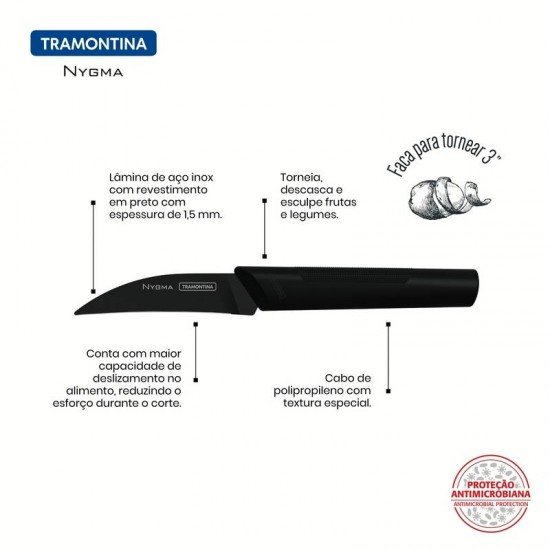 FACA PARA TORNEAR TRAMONTINA NYGMA COM LÂMINA EM AÇO INOX E CABO DE POLIPROPILENO TEXTURIZADO PRETO 3