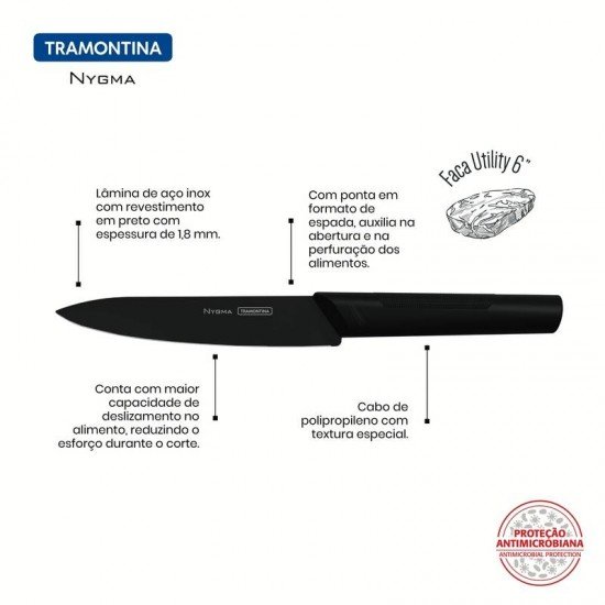 FACA UTILITY TRAMONTINA NYGMA COM LÂMINA EM AÇO INOX E CABO DE POLIPROPILENO TEXTURIZADO PRETO 6