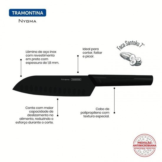 FACA SANTOKU TRAMONTINA NYGMA COM LÂMINA EM AÇO INOX E CABO DE POLIPROPILENO TEXTURIZADO PRETO 7
