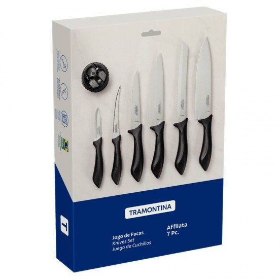JOGO DE FACAS TRAMONTINA AFFILATA COM LÂMINAS EM AÇO INOX E CABOS DE POLIPROPILENO PRETO 07 PEÇAS