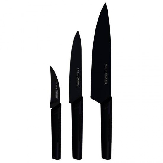 JOGO DE FACAS NYGMA LAMINAS AÇO INOX CABOS DE POLIPROPILENO TEXTURIZADOS PRETO 3 PEÇAS TRAMONTINA