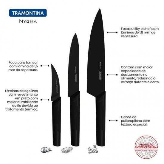 JOGO DE FACAS NYGMA LAMINAS AÇO INOX CABOS DE POLIPROPILENO TEXTURIZADOS PRETO 3 PEÇAS TRAMONTINA