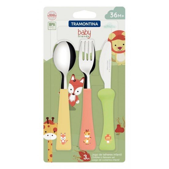 JOGO DE TALHERES INFANTIL TRAMONTINA BABY FRIENDS COM LÂMINAS DE AÇO INOX E CABOS DE POLIPROPILENO COLORIDO 03 PEÇAS