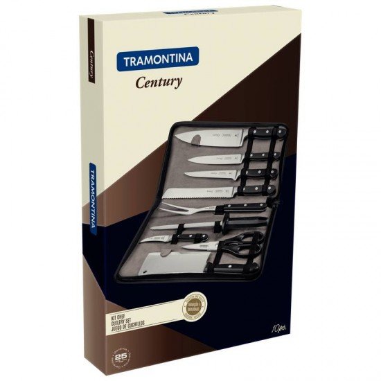 KIT CHEF TRAMONTINA EM AÇO INOX CABO DE POLICARBONATO E FIBRA DE VIDRO COM ESTOJO 10 PEÇAS
