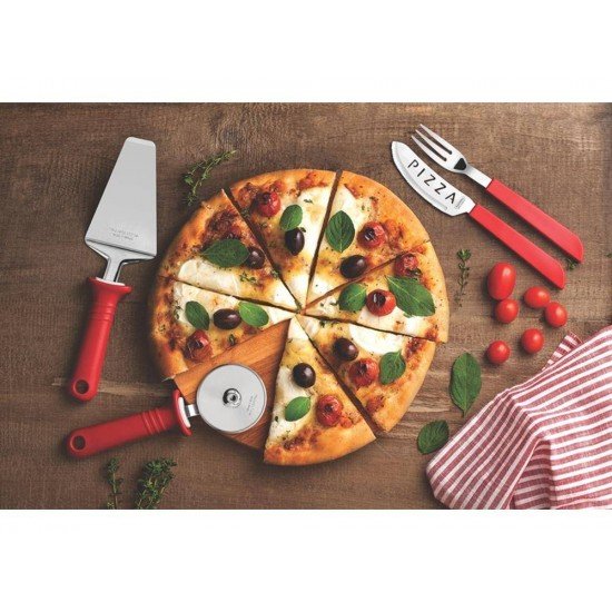 KIT PARA PIZZA 14 PEÇAS PIZZA VERMELHO- LAMINAS DE ACO INOX E CABOS DE POLIPROPILENO TRAMONTINA