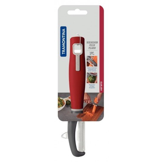 DESCASCADOR TRAMONTINA VERANO COM LÂMINA EM AÇO INOX E CABO DE POLIPROPILENO COM CORTE JULIENNE VERMELHO