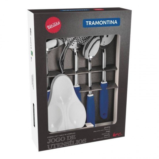 JOGO DE UTENSILIOS UTILITA EM ACO INOX COM CABOS DE POLIPROPILENO AZUL 6 PECAS TRAMONTINA