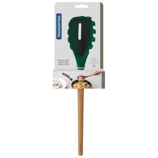 PEGADOR DE MASSA LIVE EM SILICONE VERDE COM CABO DE MADEIRA TRAMONTINA