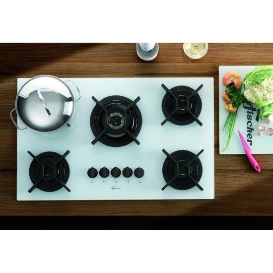 FOGAO COOKTOP FISCHER 5 BOCAS TRIPLA CHAMA INFINITY GAS MESA VIDRO BRANCO