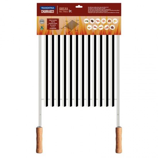 GRELHA TRAMONTINA CHURRASCO EM AÇO INOX COM CABO DE MADEIRA NATURAL 50X41 CM