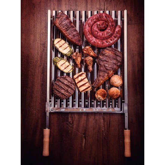 GRELHA TRAMONTINA CHURRASCO EM AÇO INOX COM CABO DE MADEIRA NATURAL 50X41 CM