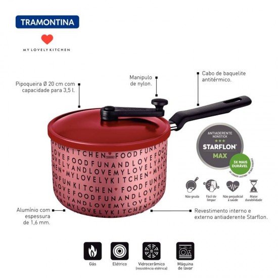 PIPOQUEIRA TRAMONTINA MY LOVELY KITCHEN EM ALUMÍNIO ROSA COM REVESTIMENTO INTERNO ANTIADERENTE VERMELHO STARFLON MAX COM CABO BAQUELITE 20 CM 3,5 L