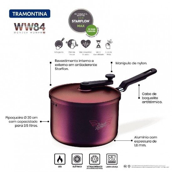 PIPOQUEIRA TRAMONTINA MULHER-MARAVILHA 1984 EM ALUMÍNIO COM REVESTIMENTO INTERNO E EXTERNO EM ANTIADERENTE STARFLON MAX FURTA COR 20 CM 3,5 L