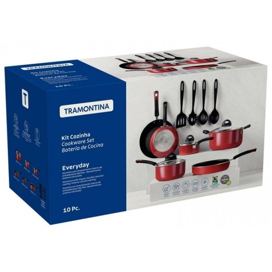 KIT COZINHA TRAMONTINA EVERYDAY EM ALUMÍNIO COM REVESTIMENTO INTERNO EM ANTIADERENTE STARFLON MAX E EXTERNO SILICONADO VERMELHO 10 PEÇAS