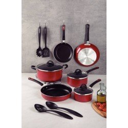KIT COZINHA TRAMONTINA EVERYDAY EM ALUMÍNIO COM REVESTIMENTO INTERNO EM ANTIADERENTE STARFLON MAX E EXTERNO SILICONADO VERMELHO 10 PEÇAS