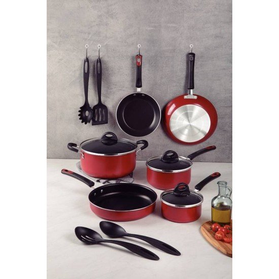 KIT COZINHA TRAMONTINA EVERYDAY EM ALUMÍNIO COM REVESTIMENTO INTERNO EM ANTIADERENTE STARFLON MAX E EXTERNO SILICONADO VERMELHO 10 PEÇAS