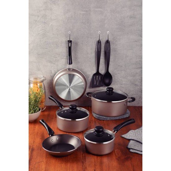 KIT COZINHA TRAMONTINA SIMPLE COOKING EM ALUMÍNIO COM REVESTIMENTO INTERNO E EXTERNO EM ANTIADERENTE STARFLON MAX CHAMPAGNE 07 PEÇAS