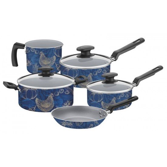 JOGO DE PANELAS ALABAMA EM ALUMINIO E EXTERNO ANTIADERENTE STARFLON MAX AZUL 5 PECAS TRAMONTINA