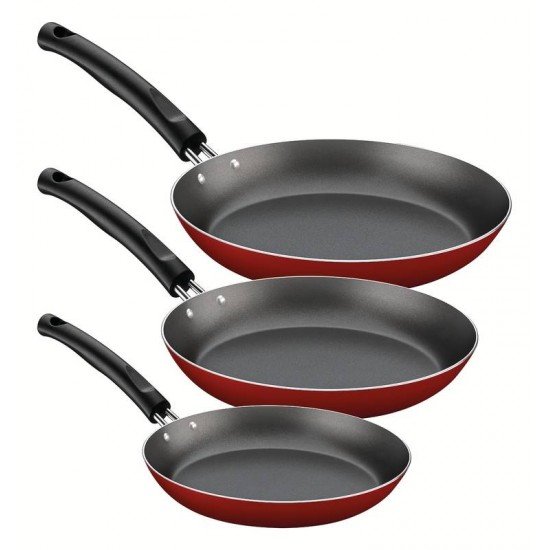 JOGO DE FRIGIDEIRAS TRAMONTINA EM ALUMÍNIO COM REVESTIMENTO INTERNO ANTIADERENTE STARFLON MAX E EXTERNO EM SILICONE VERMELHO 3 PEÇAS