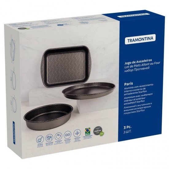 JOGO DE ASSADEIRAS TRAMONTINA PARIS EM ALUMÍNIO COM REVESTIMENTO INTERNO E EXTERNO ANTIADERENTE STARFLON MAX CHUMBO 3 PEÇAS