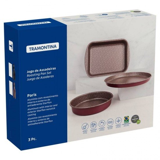JOGO DE ASSADEIRAS TRAMONTINA PARIS EM ALUMÍNIO COM REVESTIMENTO INTERNO E EXTERNO ANTIADERENTE STARFLON MAX VERMELHO 3 PEÇAS