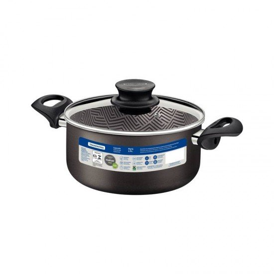CAÇAROLA TRAMONTINA PARIS EM ALUMÍNIO COM REVESTIMENTO INTERNO E EXTERNO EM ANTIADERENTE STARFLON MAX CHUMBO COM TAMPA DE VIDRO 20 CM 2,9 L