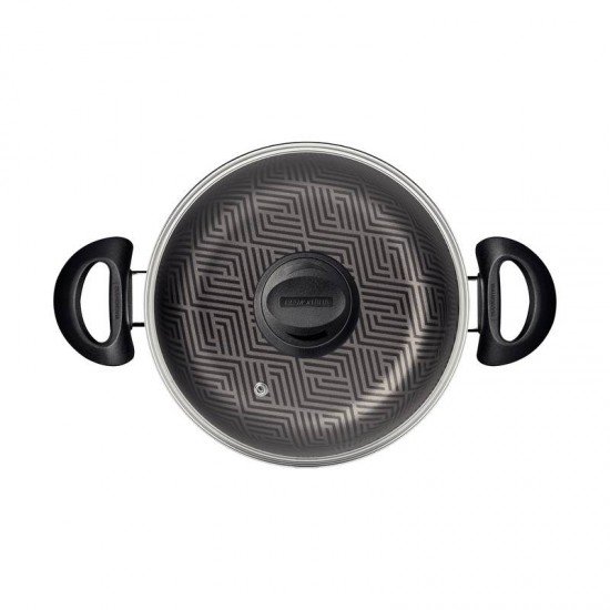 CAÇAROLA TRAMONTINA PARIS EM ALUMÍNIO COM REVESTIMENTO INTERNO E EXTERNO EM ANTIADERENTE STARFLON MAX CHUMBO COM TAMPA DE VIDRO 22 CM 3,8 L