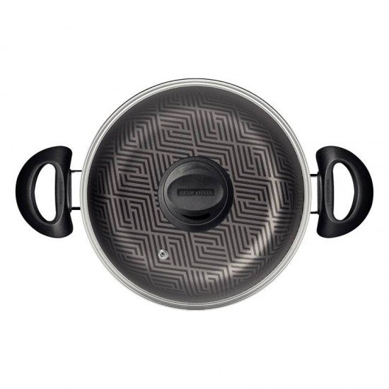 CAÇAROLA TRAMONTINA PARIS EM ALUMÍNIO COM REVESTIMENTO INTERNO E EXTERNO EM ANTIADERENTE STARFLON MAX CHUMBO COM TAMPA DE VIDRO 26 CM 6,3 L