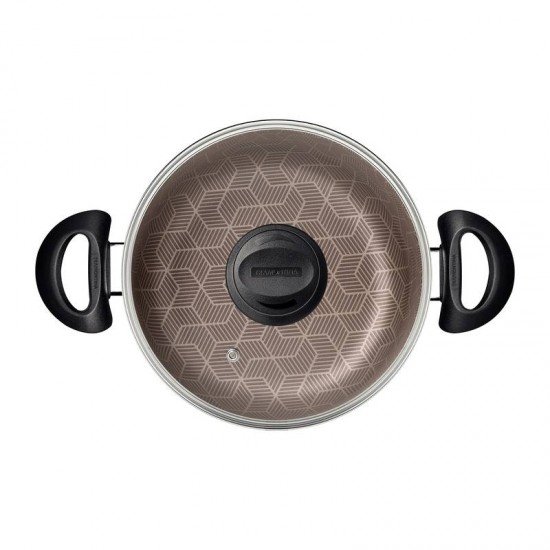 CAÇAROLA TRAMONTINA PARIS EM ALUMÍNIO COM REVESTIMENTO INTERNO E EXTERNO EM ANTIADERENTE STARFLON MAX VERMELHO COM TAMPA DE VIDRO 24 CM 4,9 L