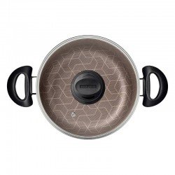 CAÇAROLA TRAMONTINA PARIS EM ALUMÍNIO COM REVESTIMENTO INTERNO E EXTERNO EM ANTIADERENTE STARFLON MAX VERMELHO COM TAMPA DE VIDRO 26 CM 6,3 L