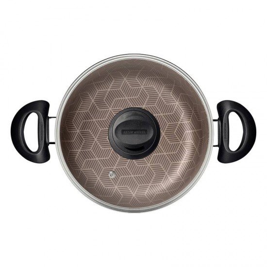 CAÇAROLA TRAMONTINA PARIS EM ALUMÍNIO COM REVESTIMENTO INTERNO E EXTERNO EM ANTIADERENTE STARFLON MAX VERMELHO COM TAMPA DE VIDRO 26 CM 6,3 L