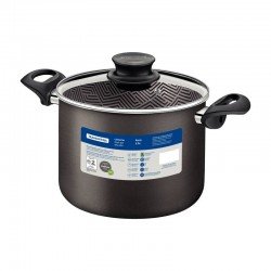 CALDEIRÃO TRAMONTINA PARIS EM ALUMÍNIO COM REVESTIMENTO INTERNO E EXTERNO EM ANTIADERENTE STARFLON MAX CHUMBO COM TAMPA DE VIDRO 24 CM 7,1 L