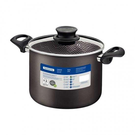CALDEIRÃO TRAMONTINA PARIS EM ALUMÍNIO COM REVESTIMENTO INTERNO E EXTERNO EM ANTIADERENTE STARFLON MAX CHUMBO COM TAMPA DE VIDRO 24 CM 7,1 L