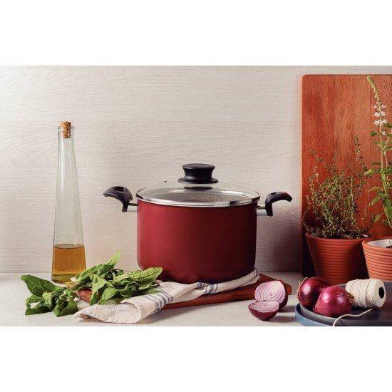 CALDEIRÃO TRAMONTINA PARIS EM ALUMÍNIO COM REVESTIMENTO INTERNO E EXTERNO EM ANTIADERENTE STARFLON MAX VERMELHO COM TAMPA DE VIDRO 24 CM 7,1 L