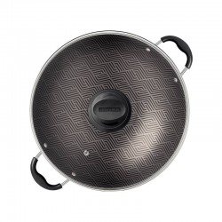 WOK TRAMONTINA PARIS EM ALUMÍNIO COM REVESTIMENTO INTERNO E EXTERNO EM ANTIADERENTE STARFLON MAX CHUMBO COM TAMPA DE VIDRO 36 CM 6,0 L